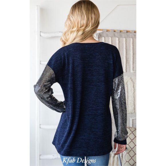 ❤️LAST! V Neck Midnight Blue Super Soft Sequin Sleeve Top! - Picture 12 of 16